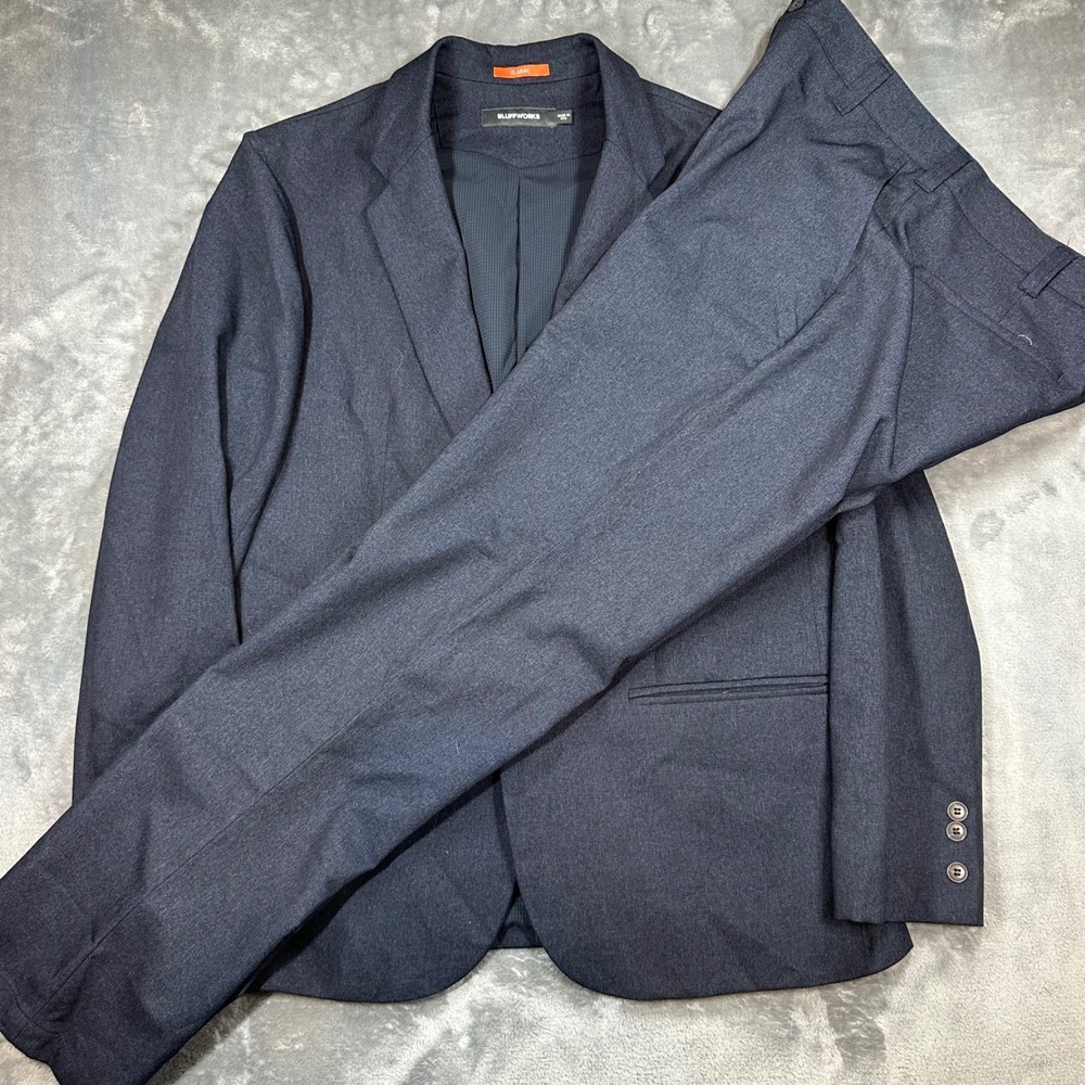 Bluffworks Gramercy Navy Blue Heather Travel Suit Blazer Pants BW310 Mens